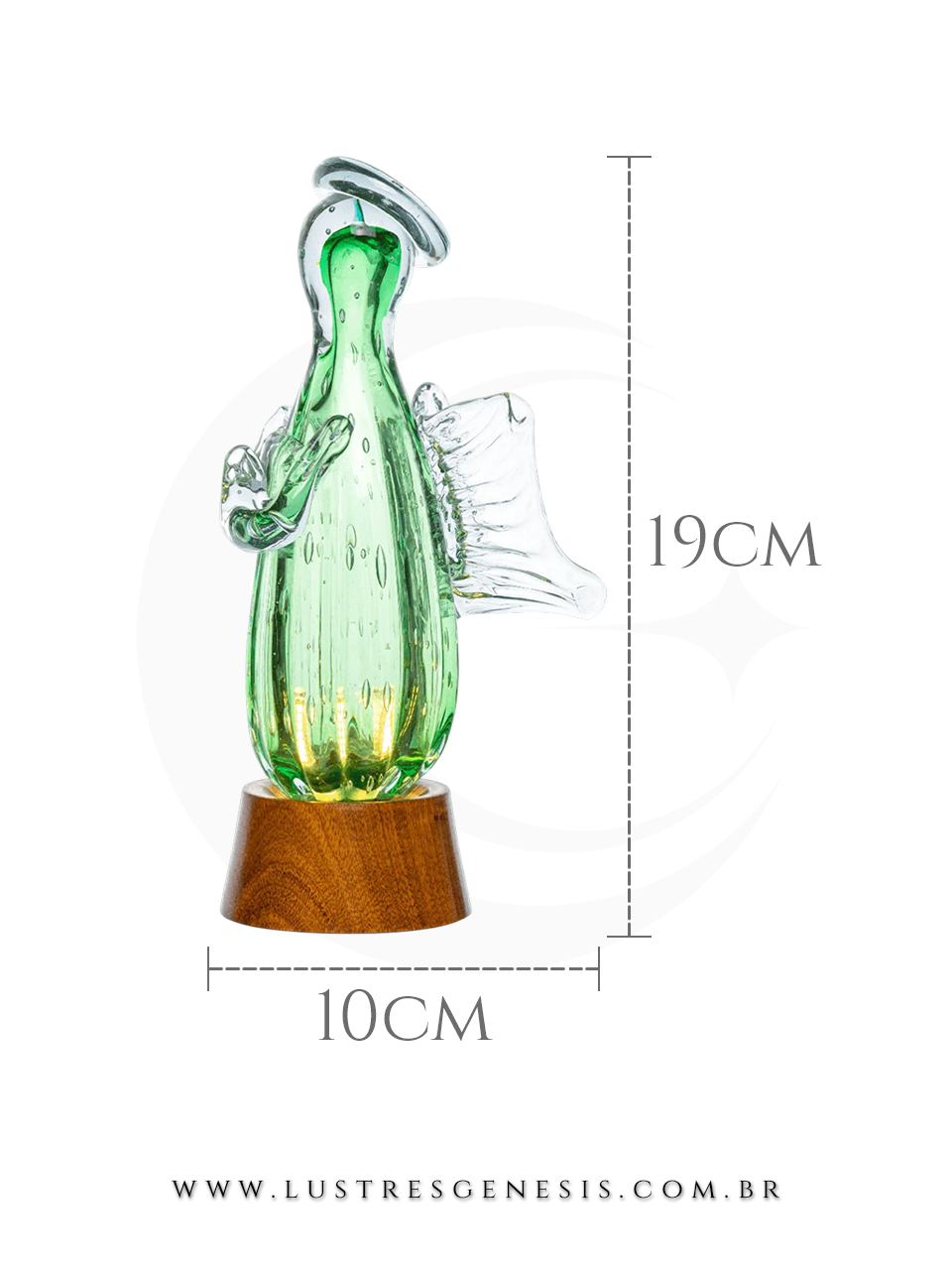 Abajur Decorativo Anjo Gabriel Murano Verde Esmeralda Base Madeira 19cm ou 25cm Para Quarto Sala Cabeceira